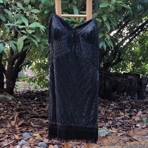 Vintage Aidan Mattox Beaded Fringe Flapper Style Black Tie Midi Dress Cocktail